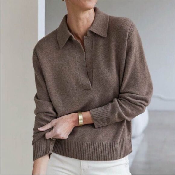 AYR Cashmere Polo Sweater Shiitake Heather Minimalist Cozy Quiet Luxury Size XS - Picture 1 of 13
